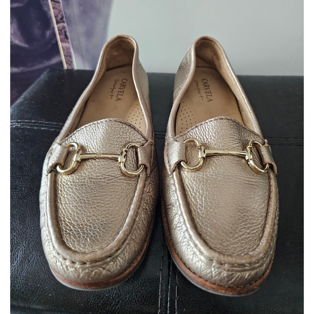Carvela Comfort Metallic Gold Leather Horsebit Loafers Size 38.5 Flat Moccasins
